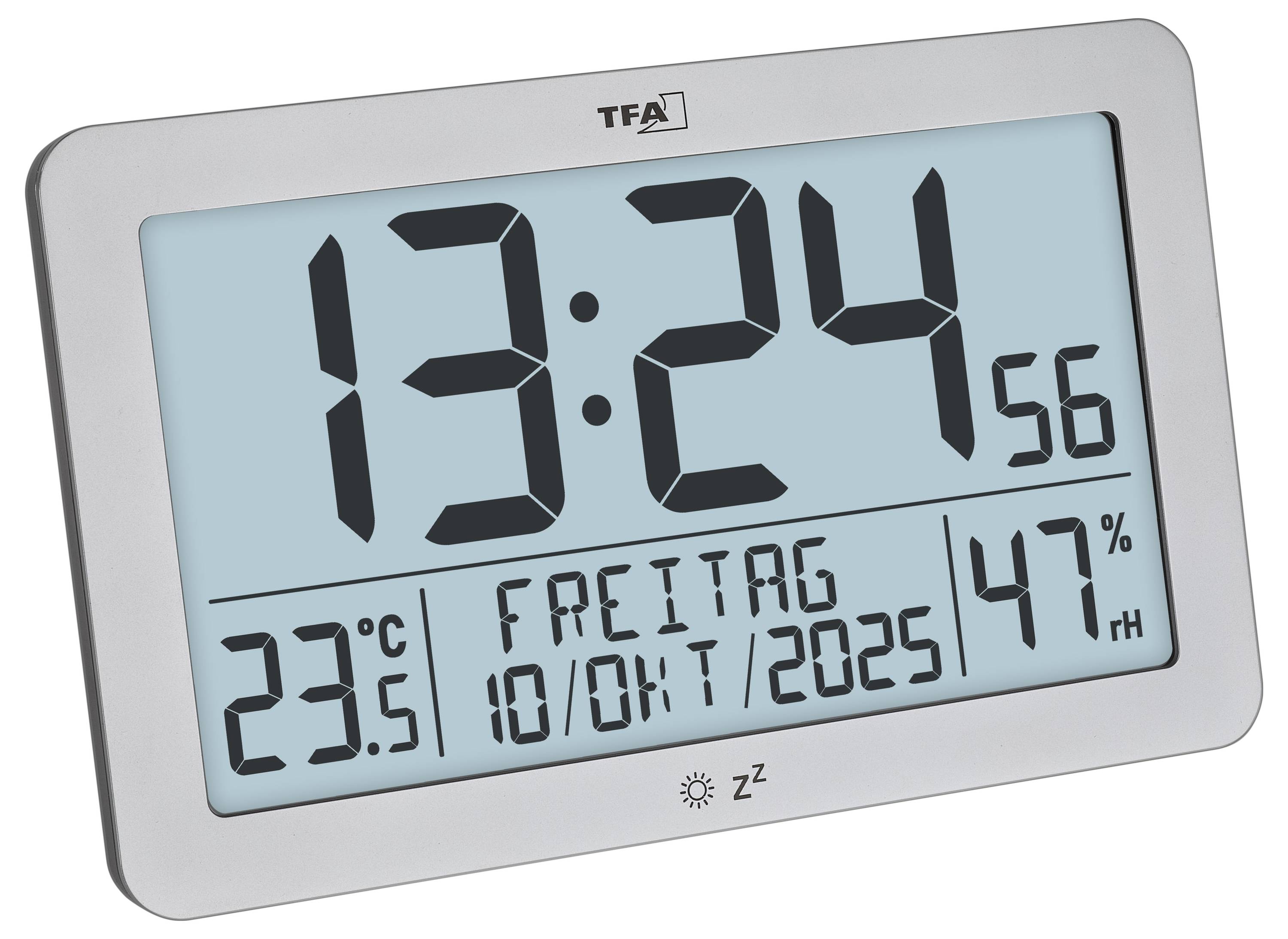 Digitalni termometer ure prikazuje 13:24, petek 10. oktober 2025, s temperaturo 23,5°C in vlažnostjo 47%.