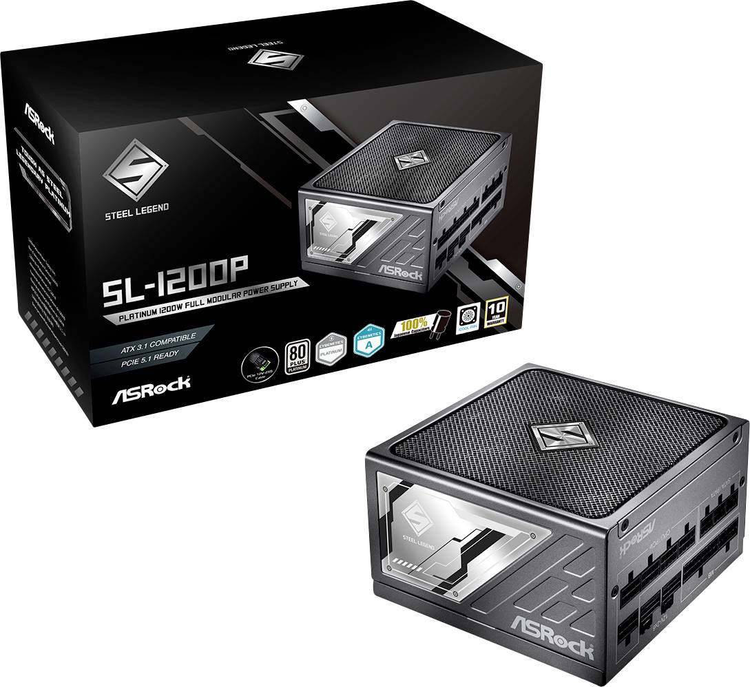 ASRock Steel Legend 1200W Platinum modularni napajalnik v črno-srebrnem pakiranju, prikazana škatla in enota.