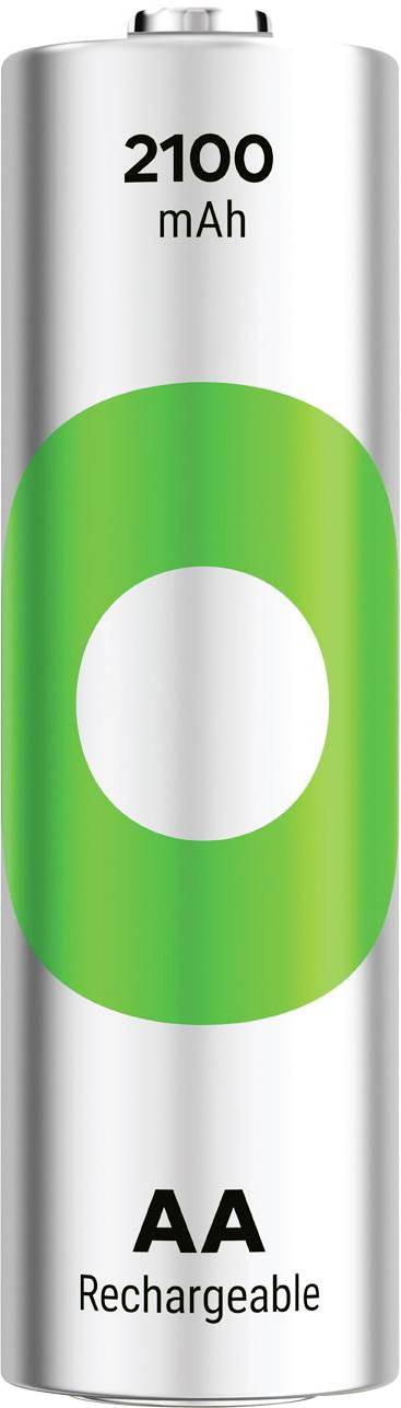 AA polnilna baterija, označena z 2100 mAh, prikazana kot srebrna celica s zelenim grafičnim obročem.