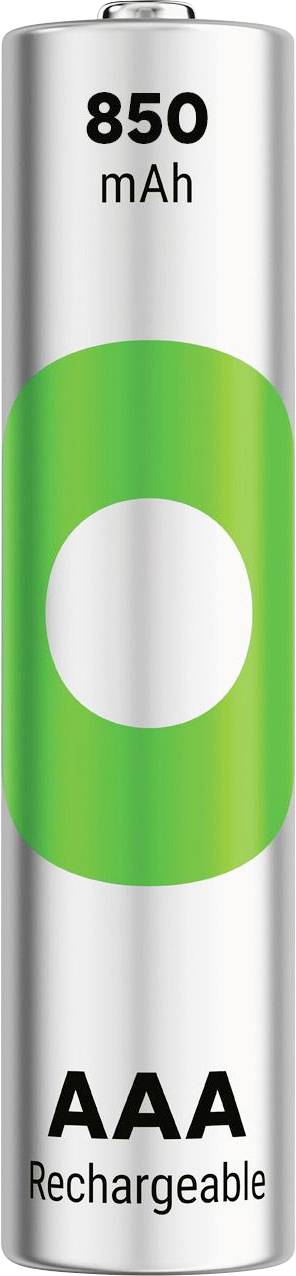 Ponovno polnjiva baterija AAA z oznako "850 mAh" in zeleno-belo zasnovo.
