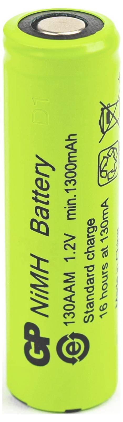 Zelena GP NiMH polnilna baterija z oznako 1300AM 1,2V, min. 1300mAh, standardno polnjenje, 16 ur pri 130mA.