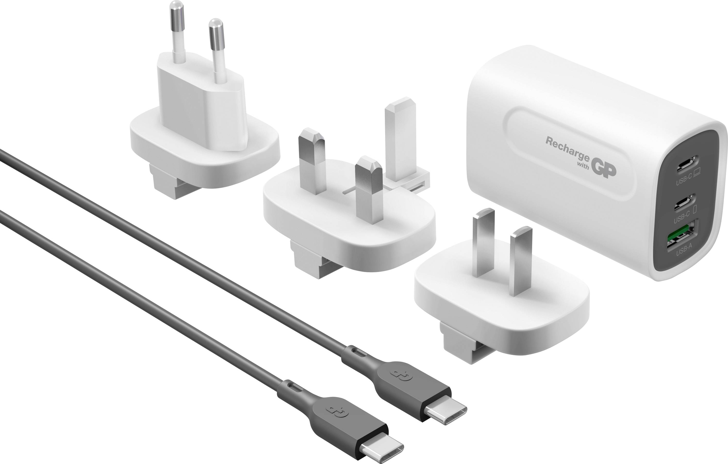 Nabor polnilnika USB-C z zamenljivimi vtičniki za Slovenijo/EU, Združeno kraljestvo in ZDA ter dvema kabloma USB-C, prikazan kot komplet polnilnega adapterja.