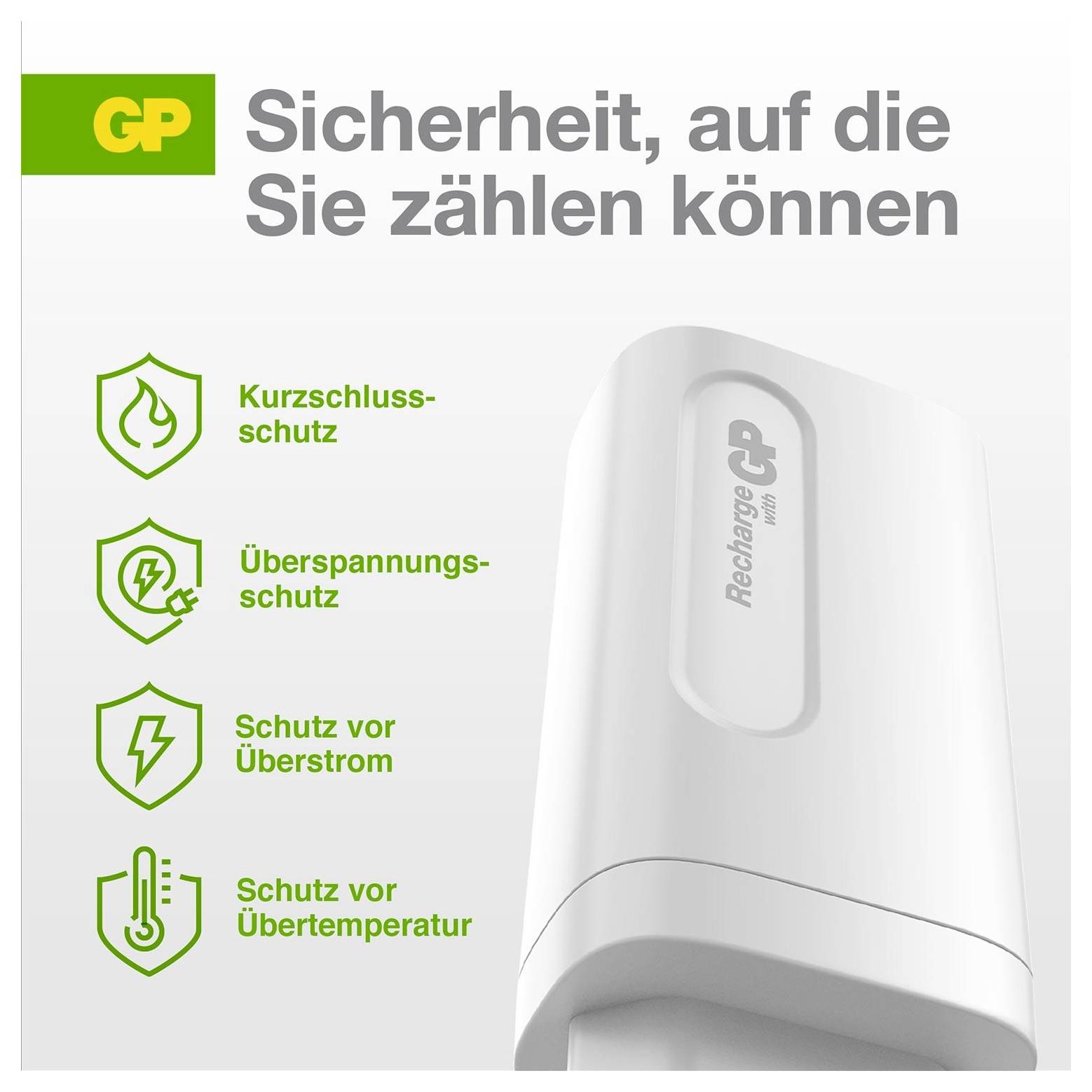GP Recharge mobilni polnilnik oglasa, ki prikazuje "Varnost, na katero se lahko zanesete" in štiri zaščite: kratko stik, sunki napetosti, prekomerni tok in pregrevanje.