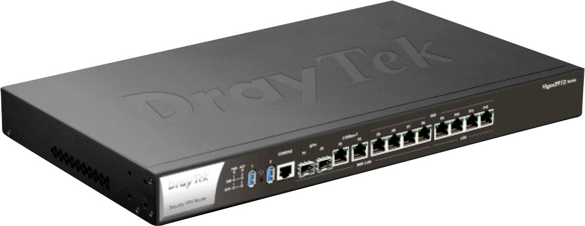 Črn omrežni usmerjevalnik/stikalo DrayTek z več vrati Ethernet in indikatorji stanja na sprednjem panelu.