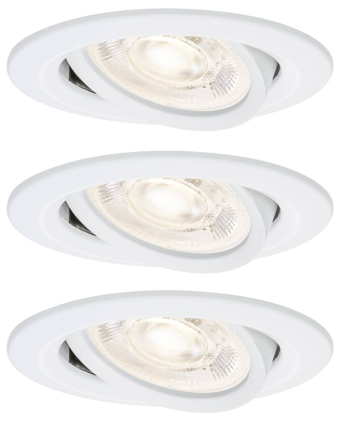 Tri beli vgrajeni stropni reflektorji s spremenljivimi okroglimi svetilkami, prikazani nalagani navpično na belem ozadju.