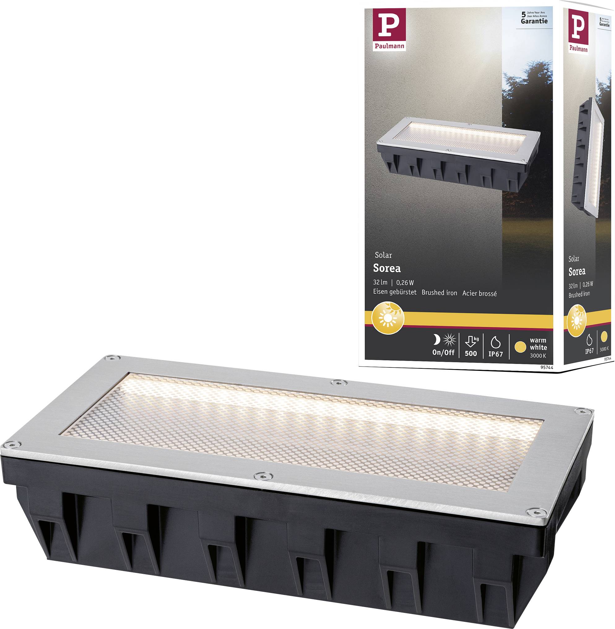 Produktna fotografija pravokotne Paulmannove solarke Sorea za zunanjo steno v čopičeni srebrni barvi, prikazana z vklučeno svetlobo in embalažo v ozadju.
