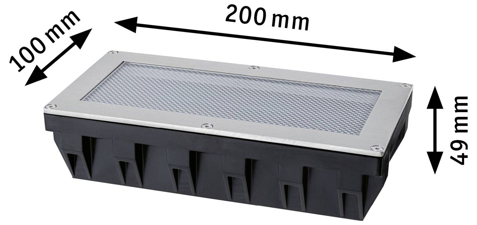 Pravokotna vgrajena svetilka s kovinsko mrežico na vrhu; označene dimenzije kažejo 200 mm dolgo, 100 mm široko in 49 mm visoko.