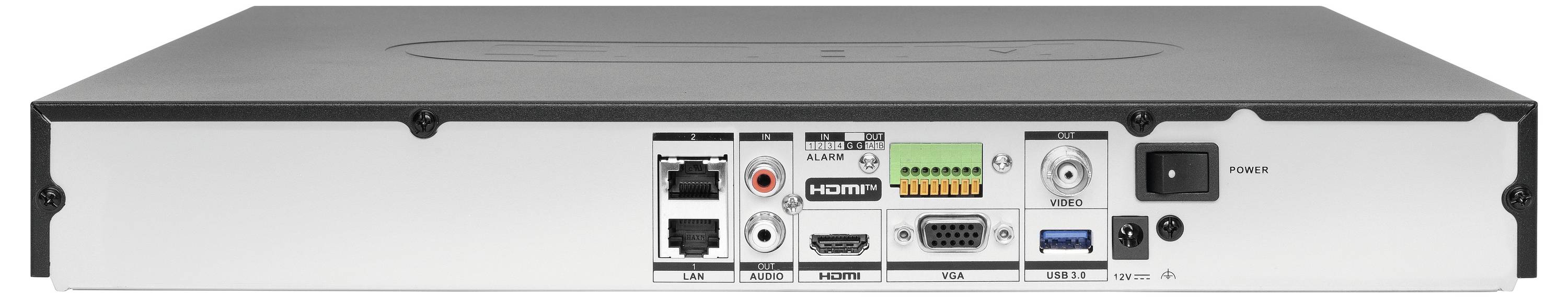 Zadnji pogled srebrnega A/V naprave, ki prikazuje vhod za napajanje, LAN vhode, HDMI, zvočne konektorje, USB, VGA, terminalski blok in vrata za IR daljinskega upravljanja.