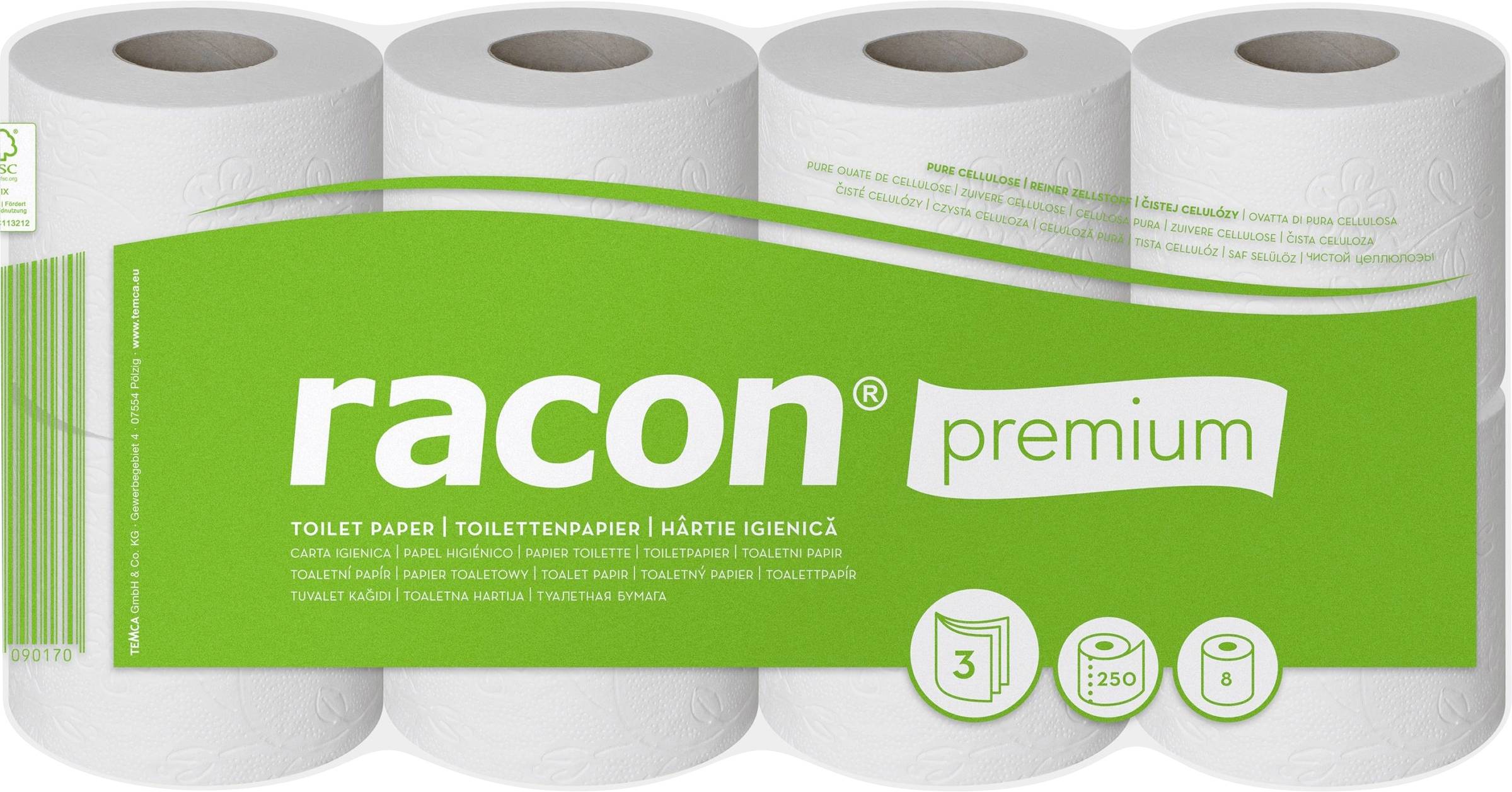 Pakiranje 'racoon premium' toaletnega papirja z zeleno in belo embalažo, ki prikazuje ime blagovne znamke in nalepko proizvoda.