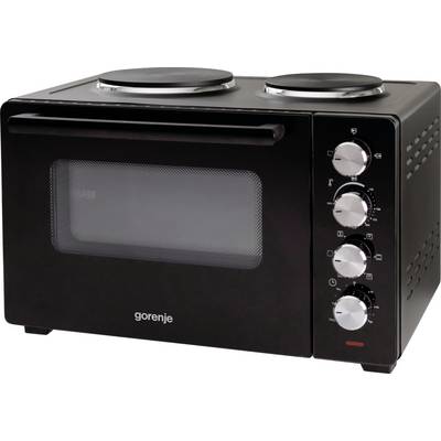 Črna Gorenje mikrovalovna pečica na pultu z dvema kuhalnima ploščama na vrhu in štirimi krmilnimi gumbi na desni strani.