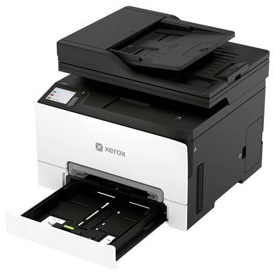 Xeroxski multifunkcijski tiskalnik s komplementarno skenirno poklopom in izpuljenim pladnjem za papir, prikazan na belem ozadju.