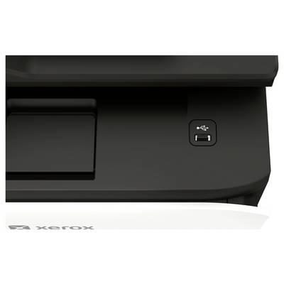 Detajlni pogled na kontrolno ploščo tiskalnika Xerox z vrati USB in sosednjim gumbom na sprednji desni strani.