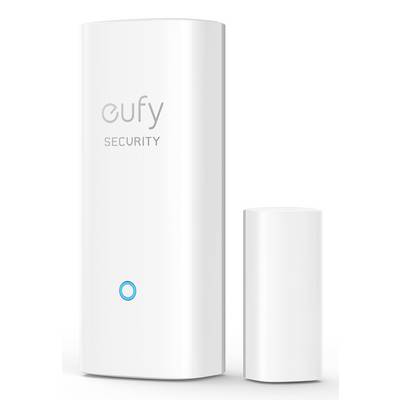Dve beli napravi Eufy Security: visoki glavni hub in manjši senzor, oba pokončno postavljena na belem ozadju.