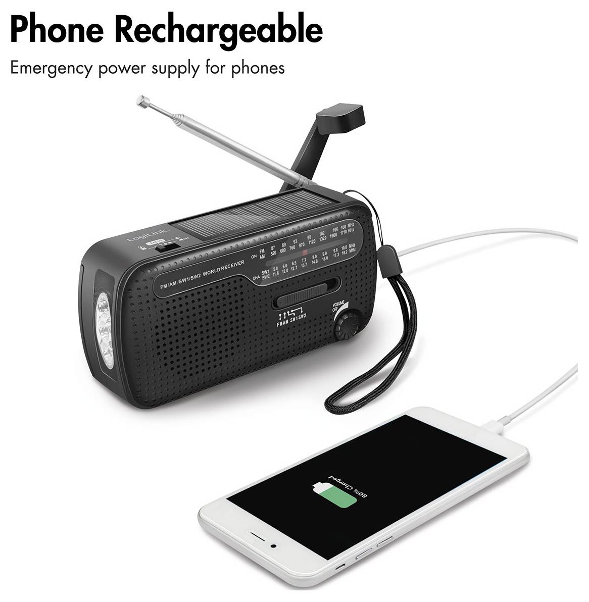 LogiLink SP0074 radijski sprejemnik za klic v sili AM, FM zagonska ročka, sončna celica, Powerbank funkcija, žepna sveti-7