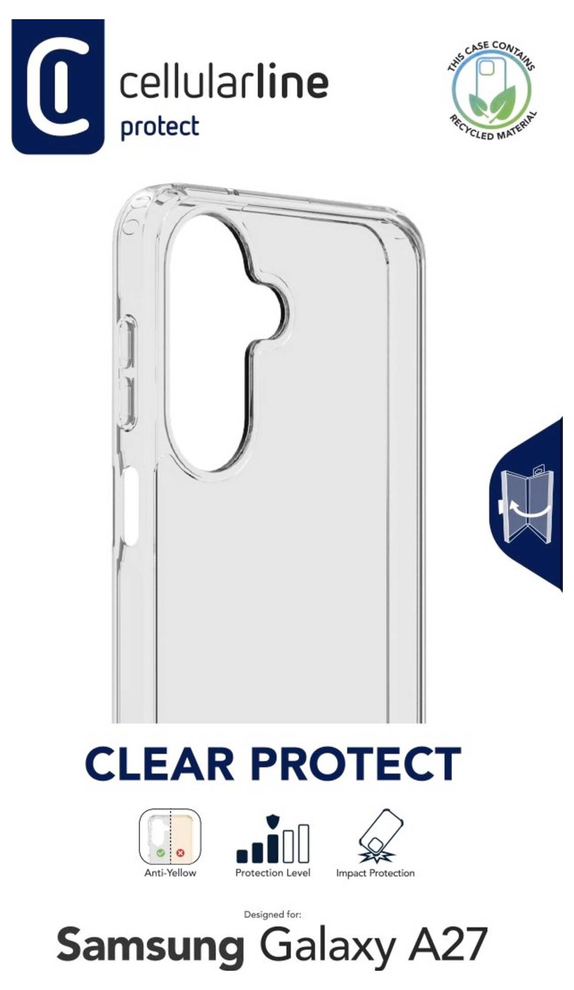 Slika izdelka Cellularline Clear Protect prozorna zaščitna torbica za pametni telefon Samsung Galaxy A27, ki poudarja zaščito pred rumenjenje, raven zaščite in zaščito pred udarci.