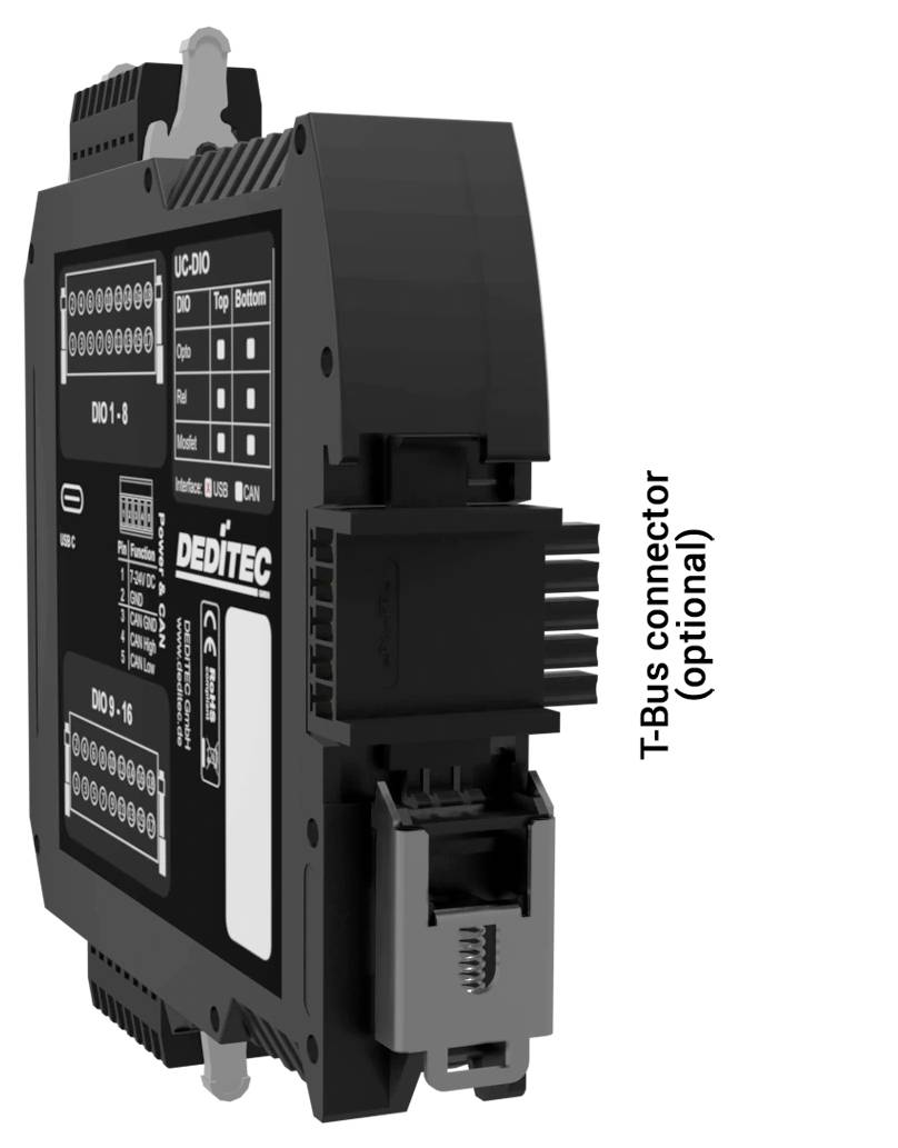 3D slika izdelka DENTEC industrijskega modula z označeno možnostjo I-Bus priključka na strani, prikazana v črni barvi na belem ozadju.