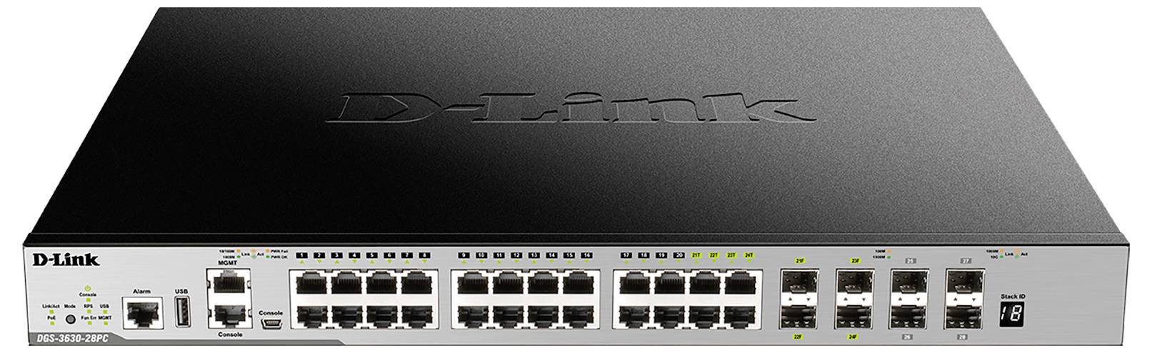 Sprednji pogled omrežnega stikala D-Link z več vrati Ethernet, štirimi režami za SFP dvigovanje, indikatorji stanja in stikalom za napajanje na desni.