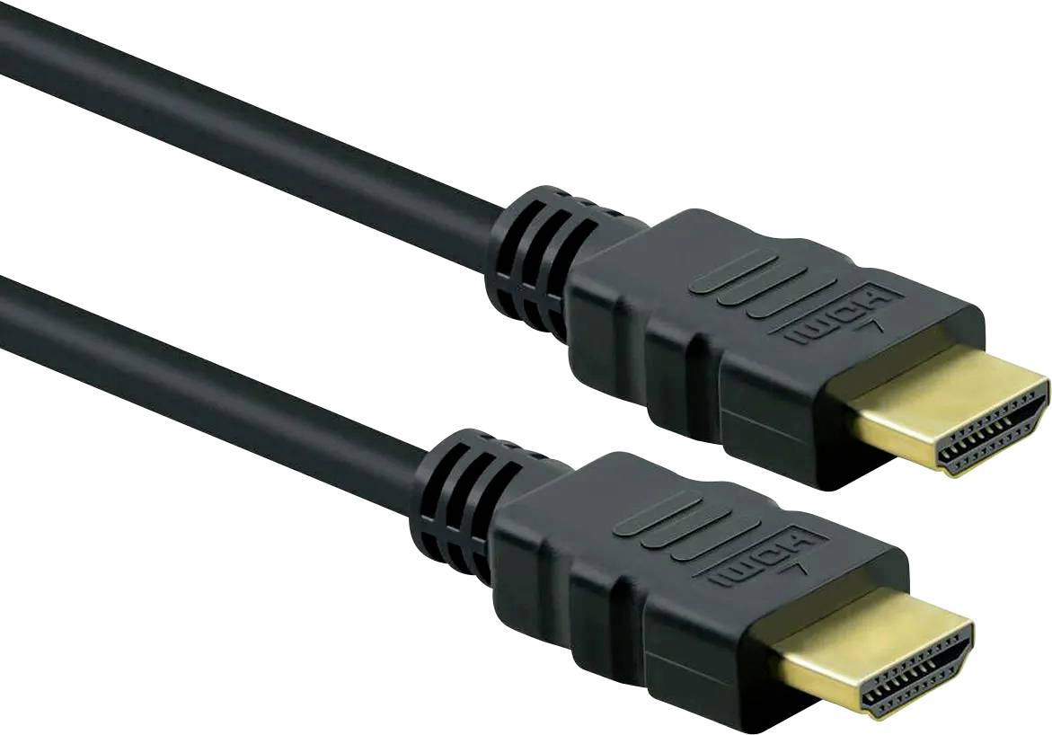 Dva konektorja HDMI kabla s pozlačenimi konicami na črnih kablih, prikazana na belem ozadju.