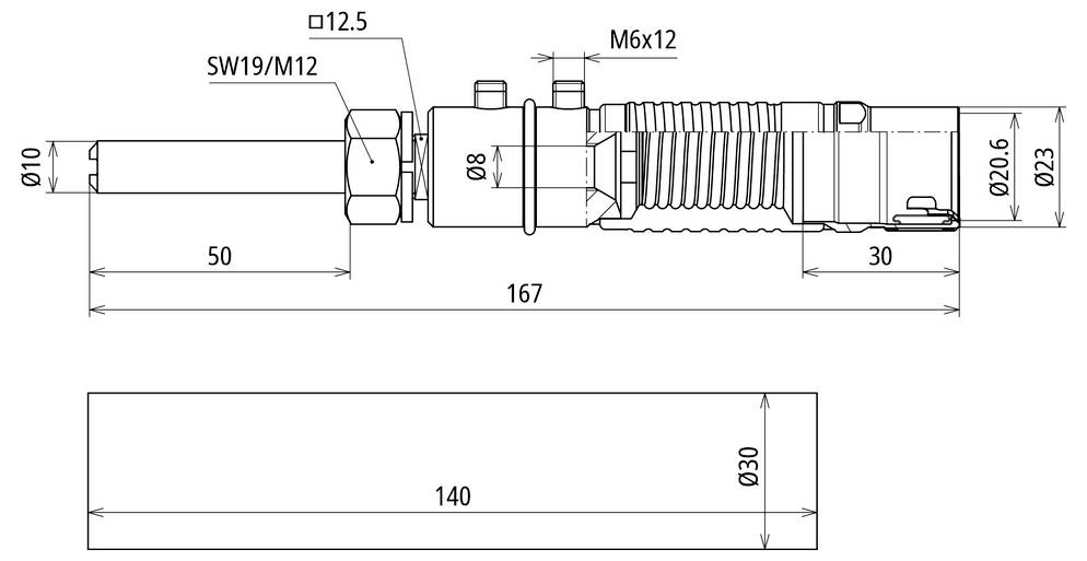 Tehnični risba cilindričnega navojnega priključka z označenimi dimenzijami, ki vključuje SW19/M12, M6x12, dolžino 167 mm, odsek 30 mm in osnovni pogled 140 x 30 mm.