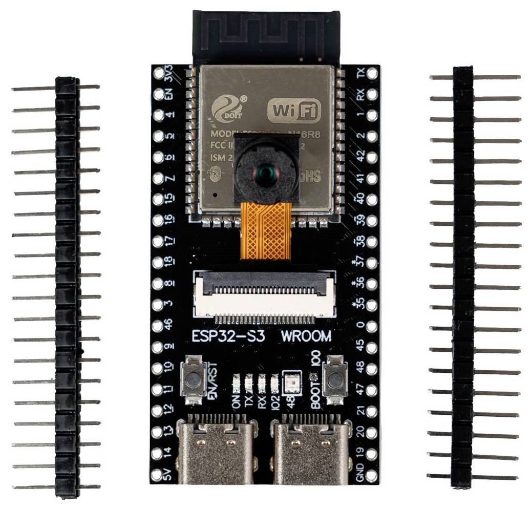 ESP32-S3 WROOM razvojna plošča s kamerijskim modulom v sredini, obdana z dvema ločenima trakoma priključkov na vsaki strani.