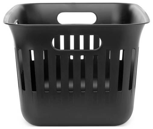 Črna plastična košara za perilo s ročaji in navpičnimi letvami, prikazana na enostavnem ozadju.
