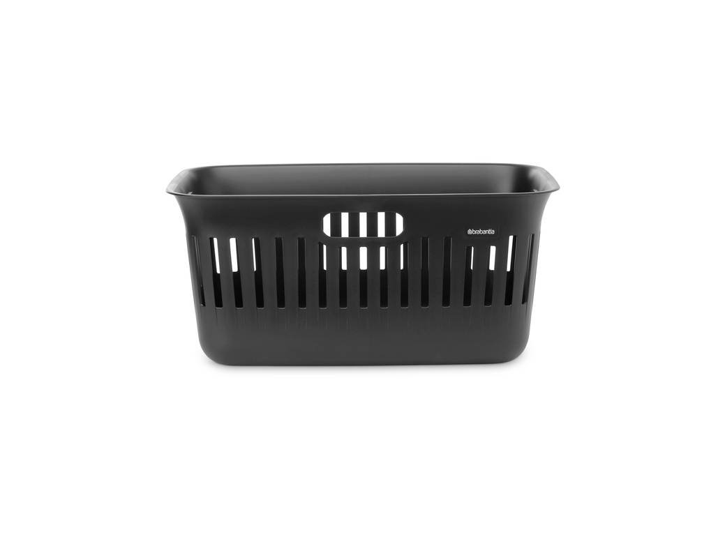 Črna plastična pernica s režami na straneh in ročaji, prikazana na beli podlagi.