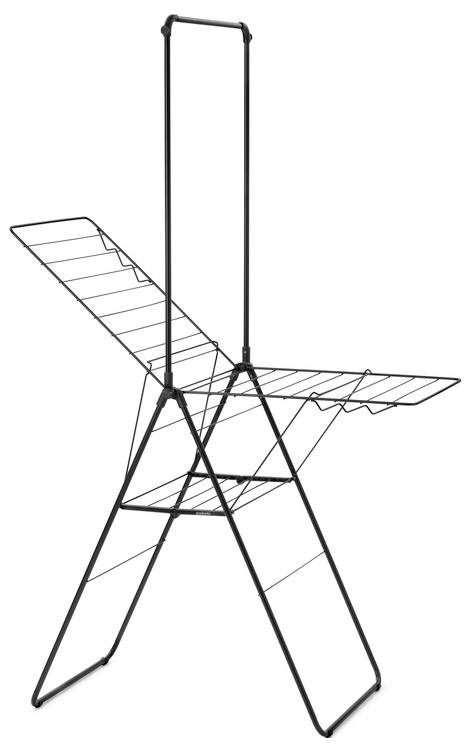 Zložljiv stojalo za sušenje perila z dvema krili in osrednjim obešalcem, prikazano odprto na belem ozadju.