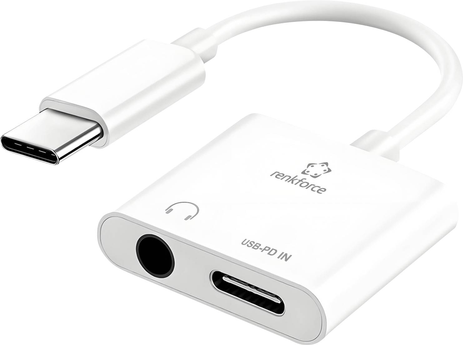 Adapter USB-C na USB-C s 3,5 mm vtičem za slušalke in vratom za polnjenje USB-PD, prikazan na belem ozadju.