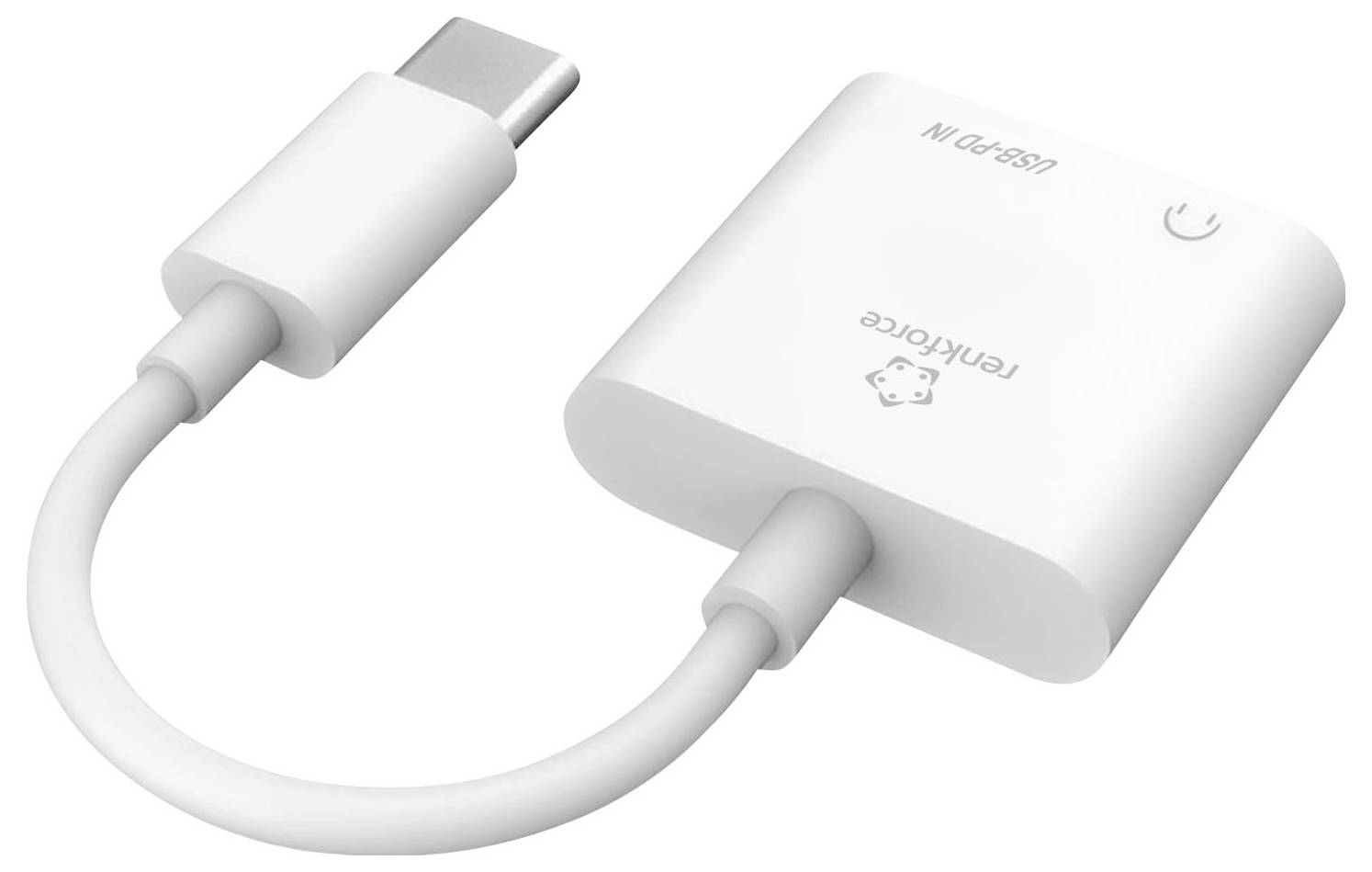 Bela napajalka USB-C na USB-A s pravokotnim vtikačem, označenim z "USB 2.0" in "Lenovo" na enostavnem belom ozadju.