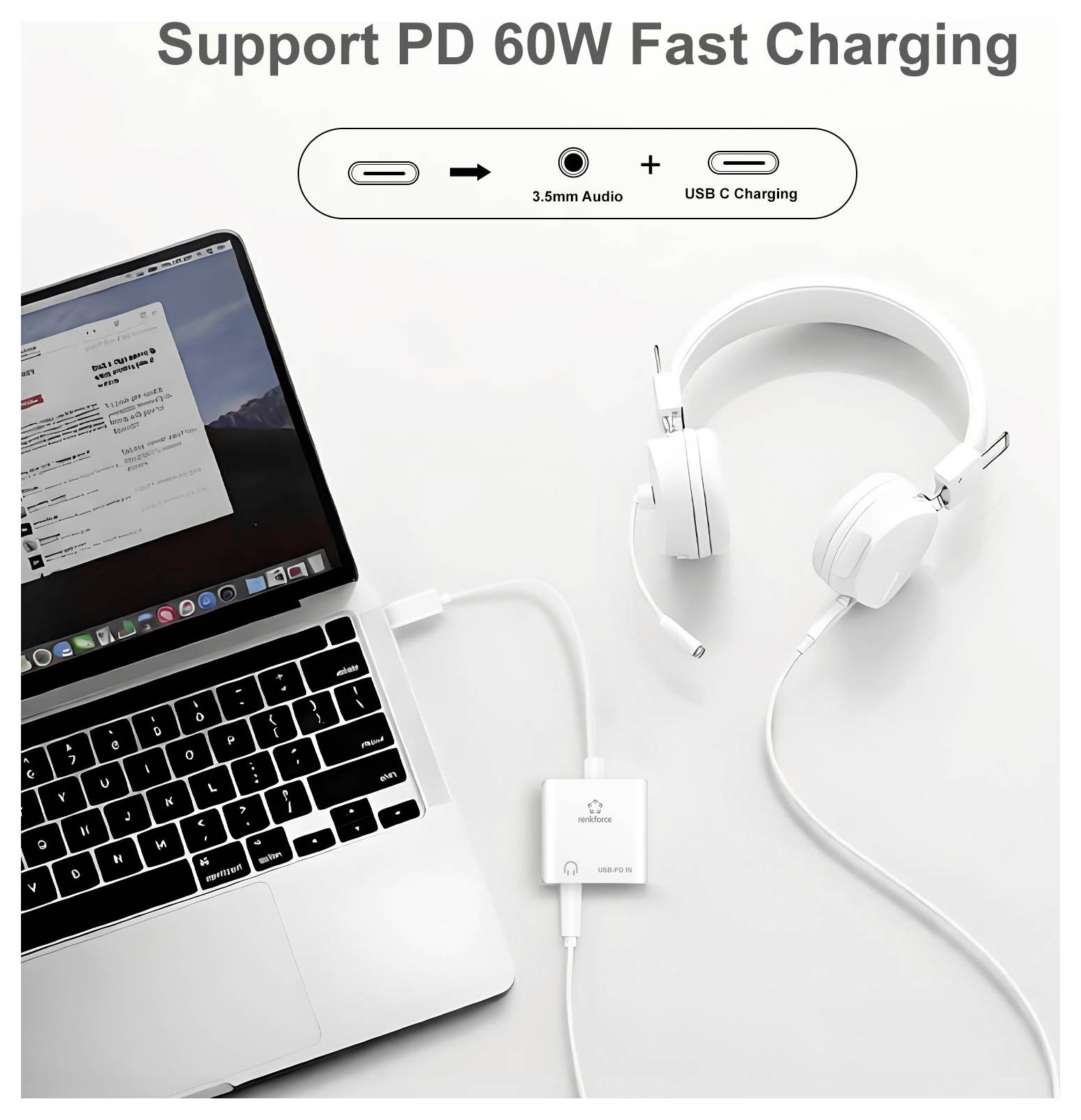 USB-C adapter razdeli en vrat na 3,5 mm avdio in USB-C polnjenje, prikazan kot priključen na prenosni računalnik in slušalke pod »Podpora za hitro polnjenje PD 60W«.