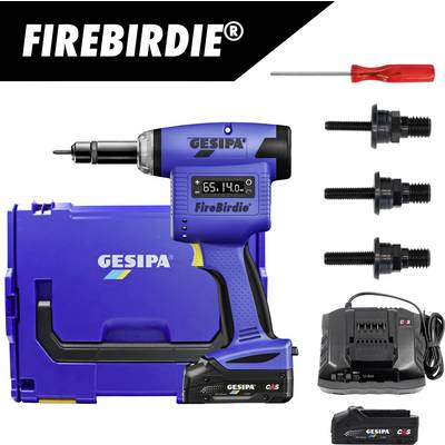 GESIPA FireBird набор brezžičnega tesnilnega orodja s temnobmesno torbo za nošenje, izvijačem, tremi črnimi nastavki, polnilnikom baterije in baterijo.