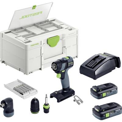 FESTOOL brezžični vrtalni komplet z nosilno torbico, baterijo, polnilnikom in vrtalno opremo prikazan na belem ozadju.