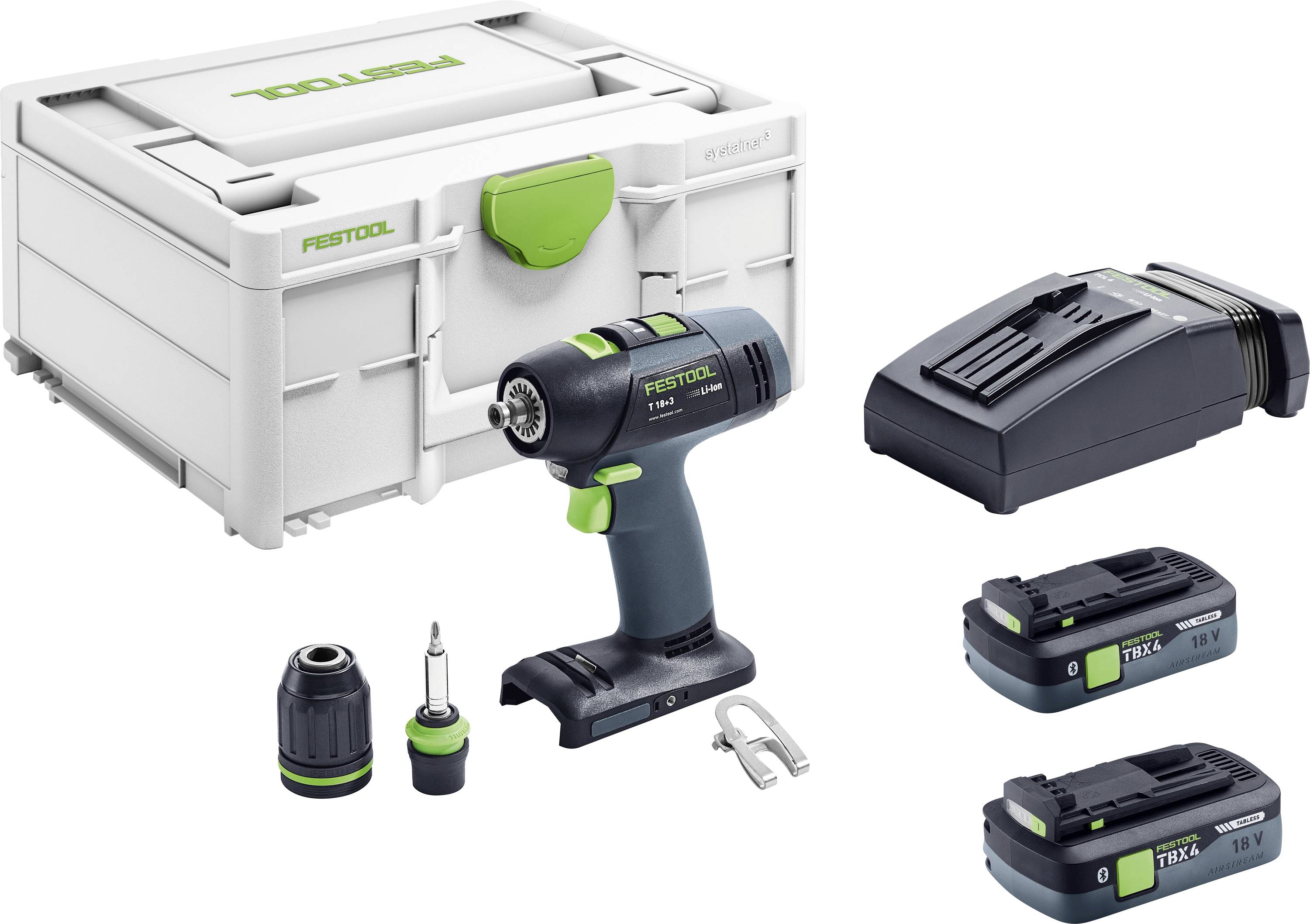 Festool brezžični vrtalnik z torbo za prenos, polnilnikom, baterijo, vpenjalko, svedrom in spono; izdelek prikazan na belem ozadju.