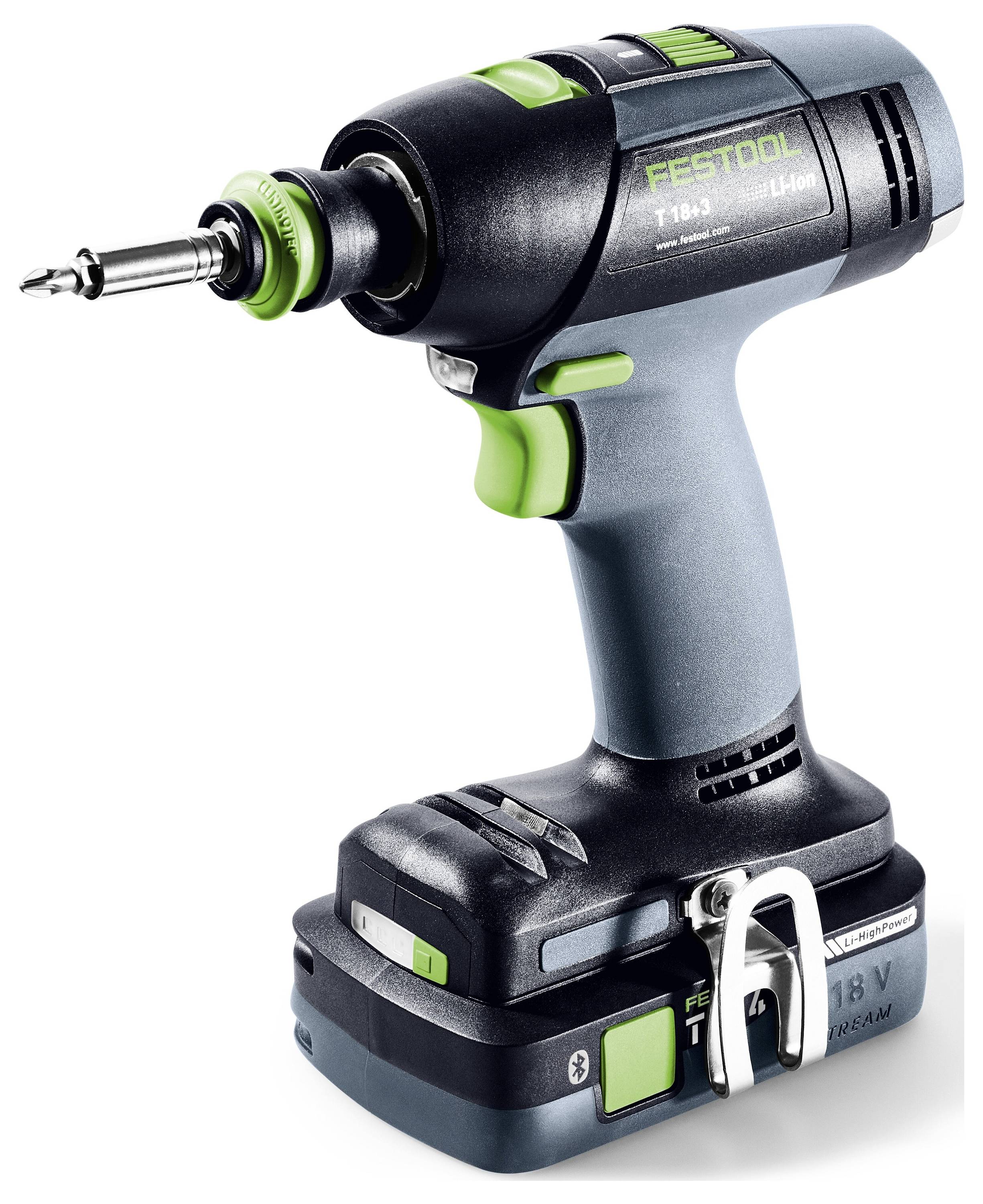 Brezžični Festool električni vrtalnik s pritrjenim svedrom, prikazan v stranskem pogledu na belem ozadju.