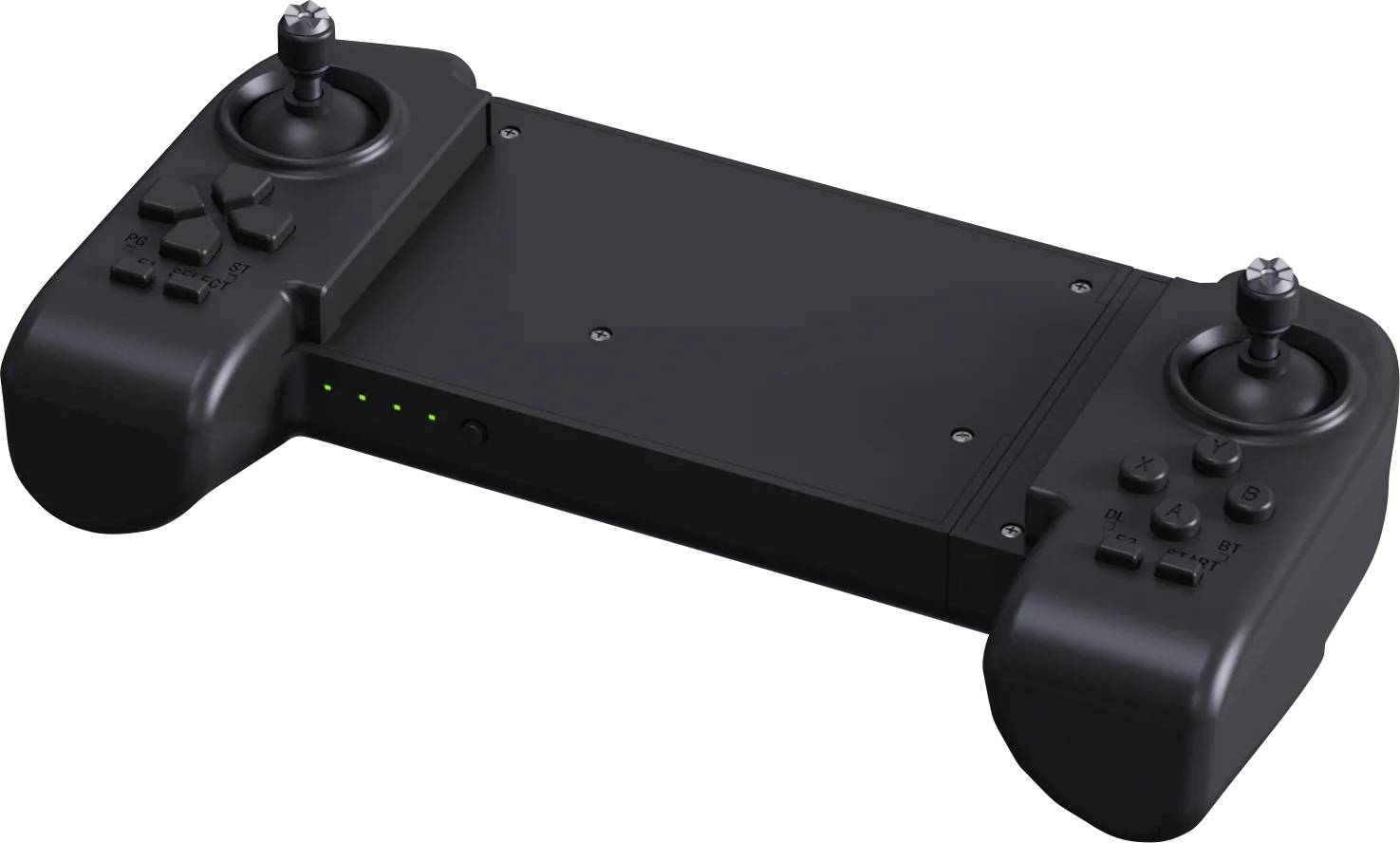 Črn ročni igralni kontrolnik z dvema joystickoma in gumbi na obeh straneh, prikazan izoliran na beli podlagi.