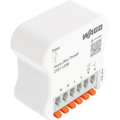 Beli električni priključni modul WAGO s kodeksom QR, nalepko »press« in šestimi oranžnimi ročicami terminalov na sprednji strani.