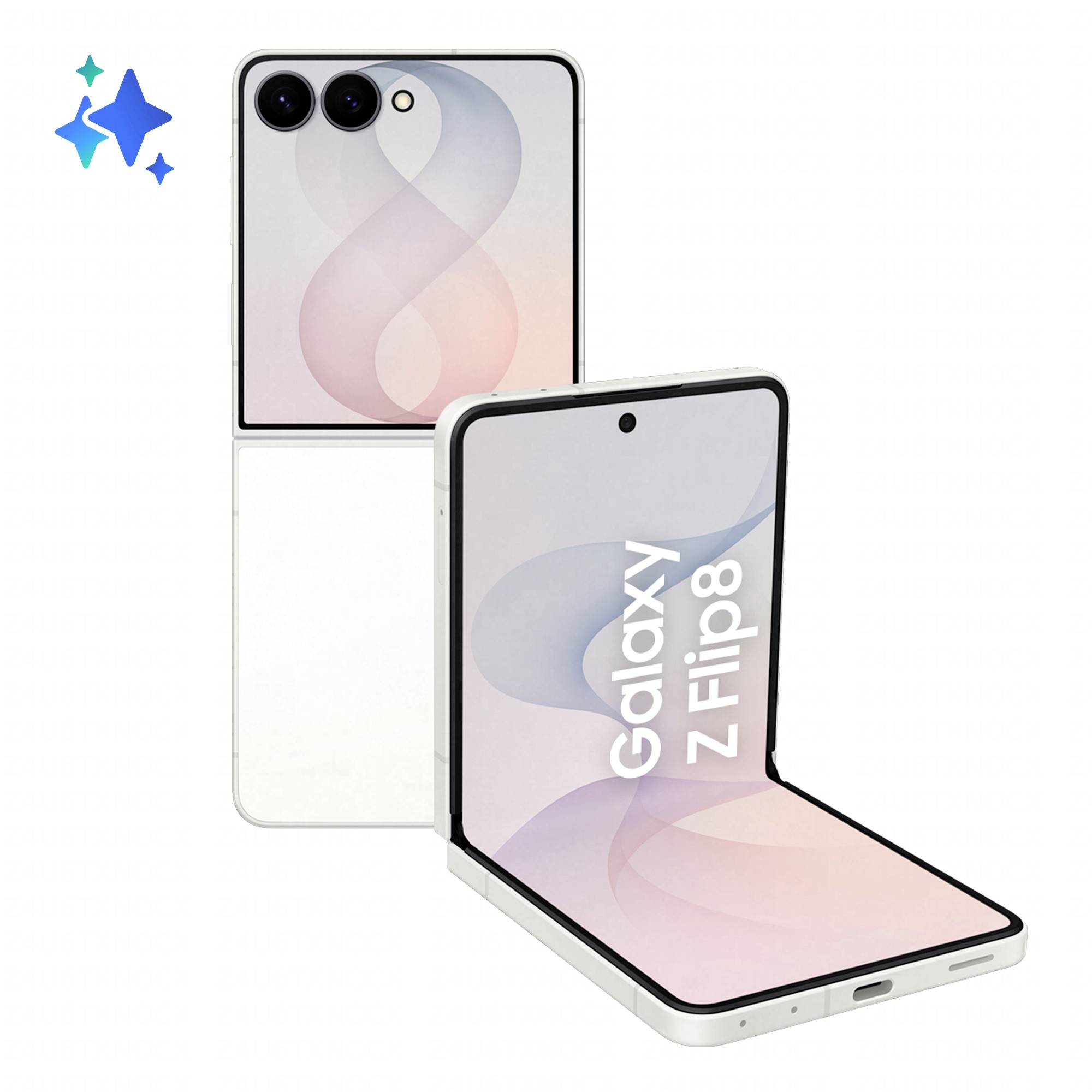Dva bela pametna telefona Samsung Galaxy Z Flip8 z zložljivo tehnologijo, eden zaprt in eden odprt s prikazanim zaslonom, na belem ozadju.
