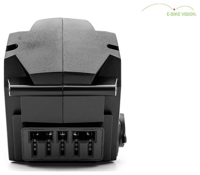 Spredni pogled črne e-bike elektronske naprave ali senzorske enote s priključkom, prikazane na belem ozadju z logotipom E-BIKE VISION.