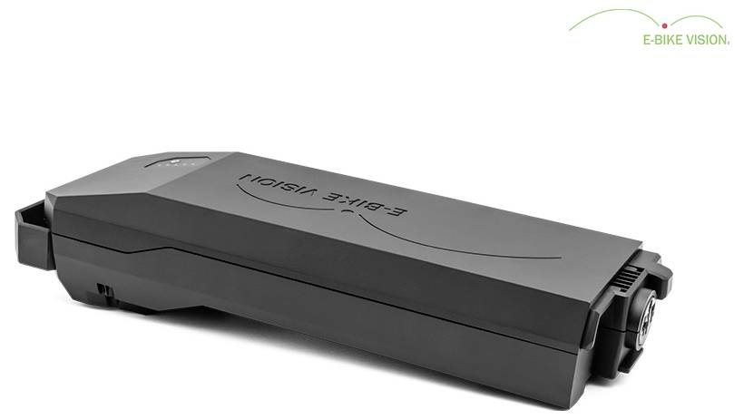 Črna baterija E-Bike Vision z logotipom 'E-BIKE VISION' na beli podlagi.