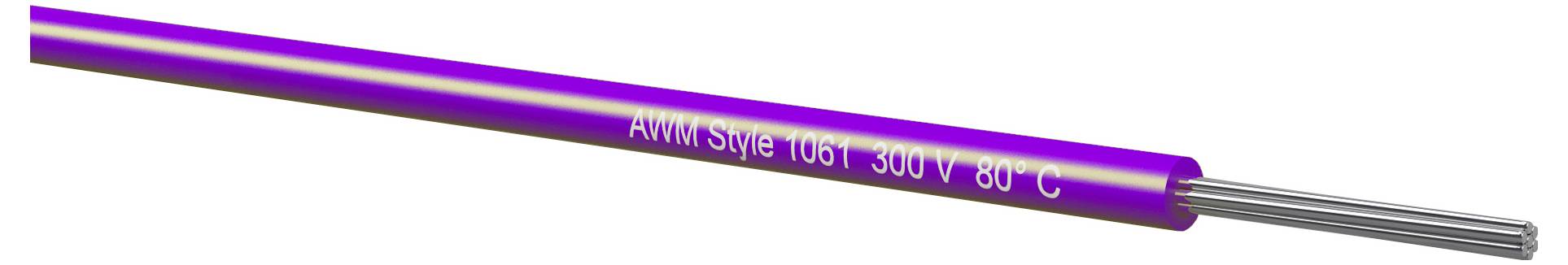 Vijolična električna kabel z oznako "AWM Style 1061 300V 80°C" z izpostavljenimi srebrnimi prevodniki na enem koncu.