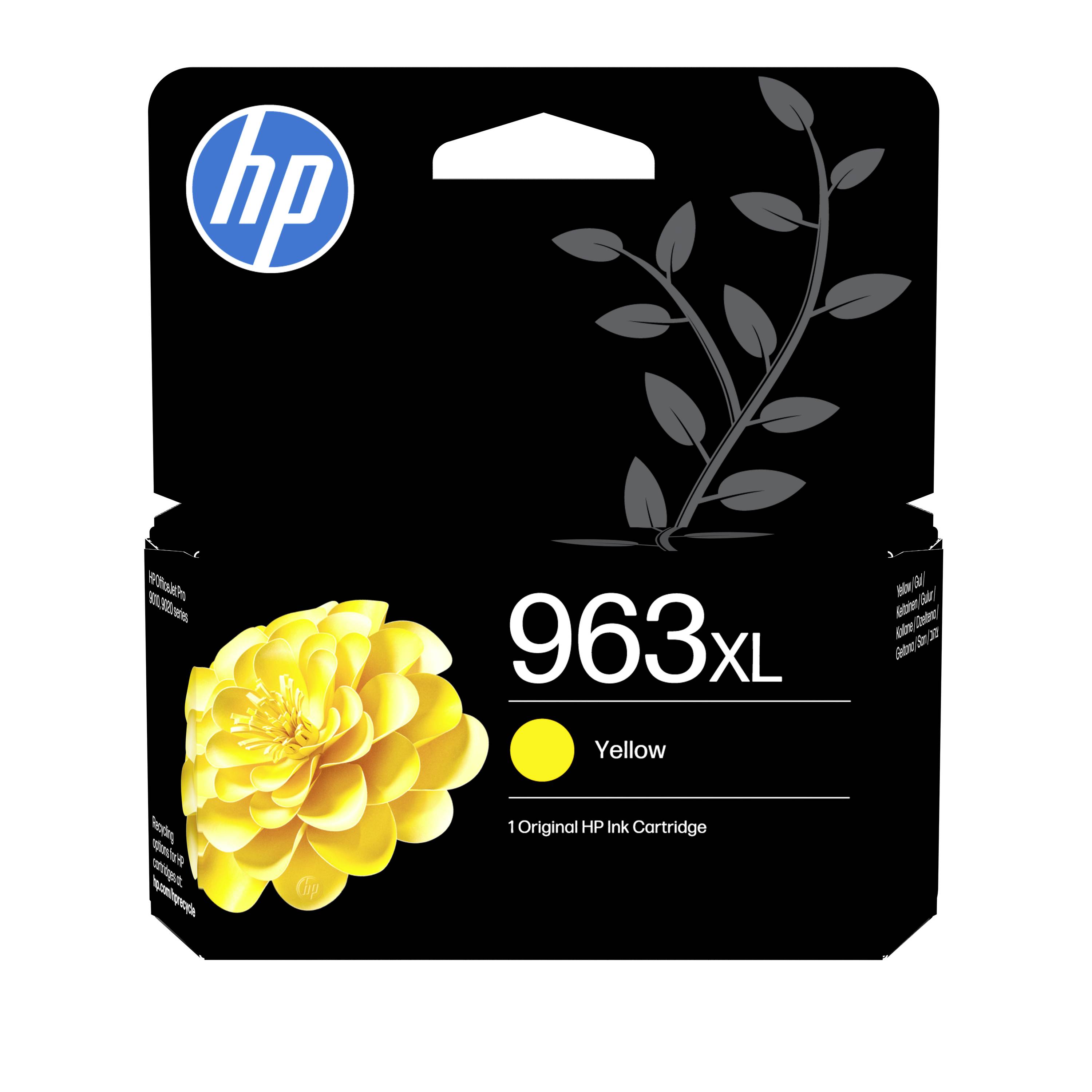 Kartuša HP 963XL rumene barve v škatli z logotipom HP in grafiko rumene rože na črnem pakiranju.