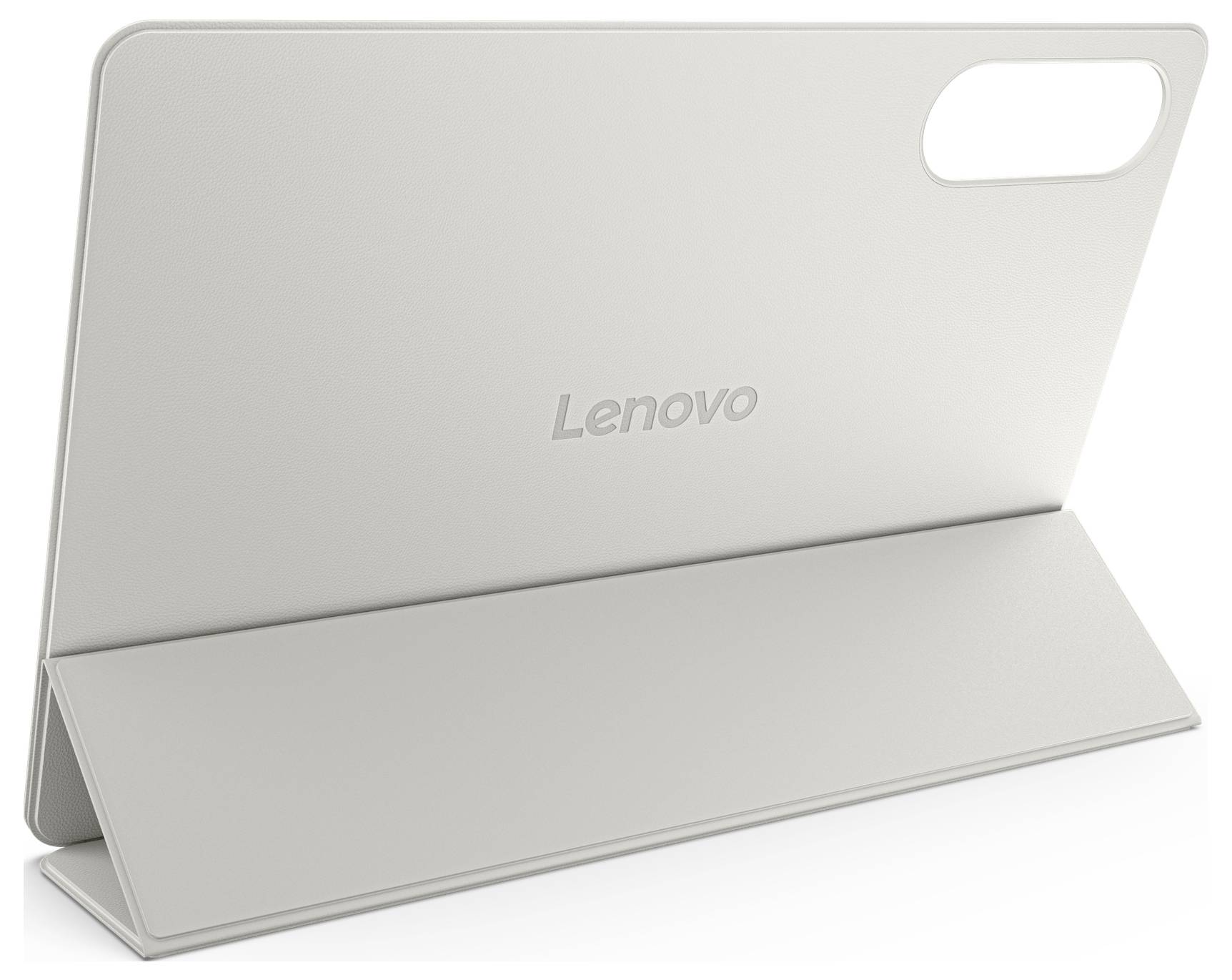 Srebrna Lenovo tabličnega torbica s stojalom, odprta, z izrezom za zadnjo kamero.