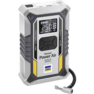 Prenosni Nomad Power Air 502 akumulatorski kompresor zraka z digitalnim zaslonom, ki prikazuje 250 psi in priloženim cevnim priključkom.