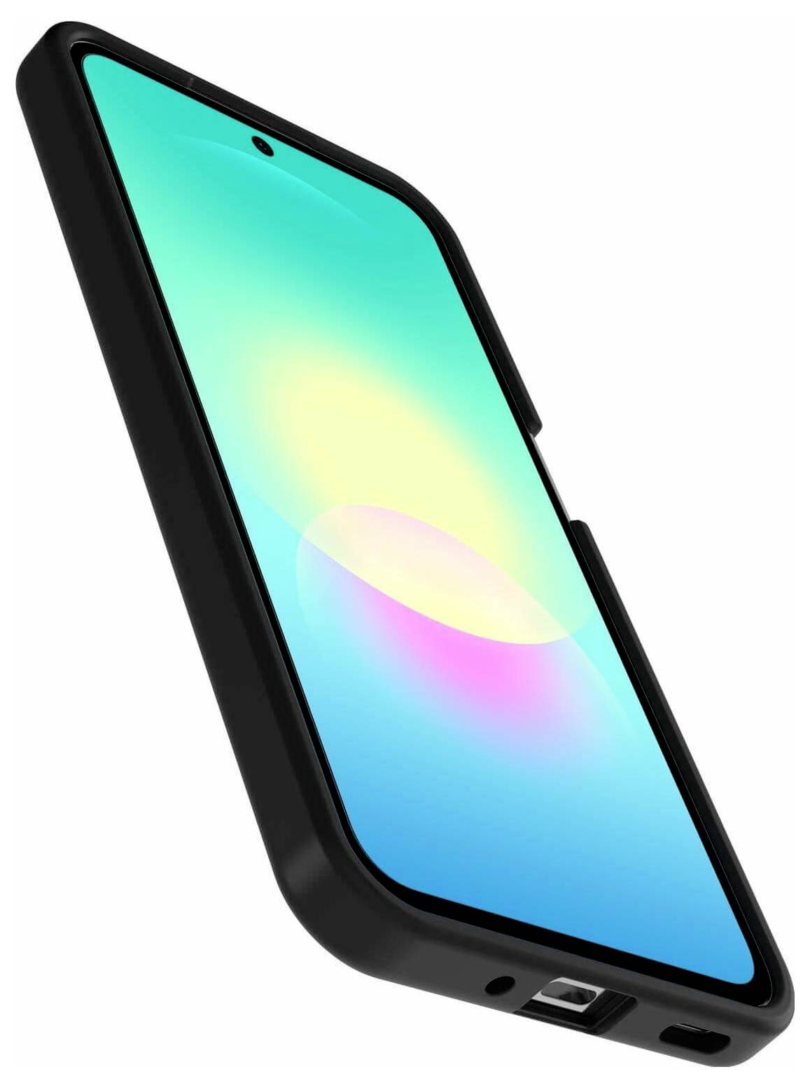 Pametni telefon v črnem zaščitnem ohišju, prikazan pod kotom, s svetlim abstraktnim zaslonom in izrezom za kamero.