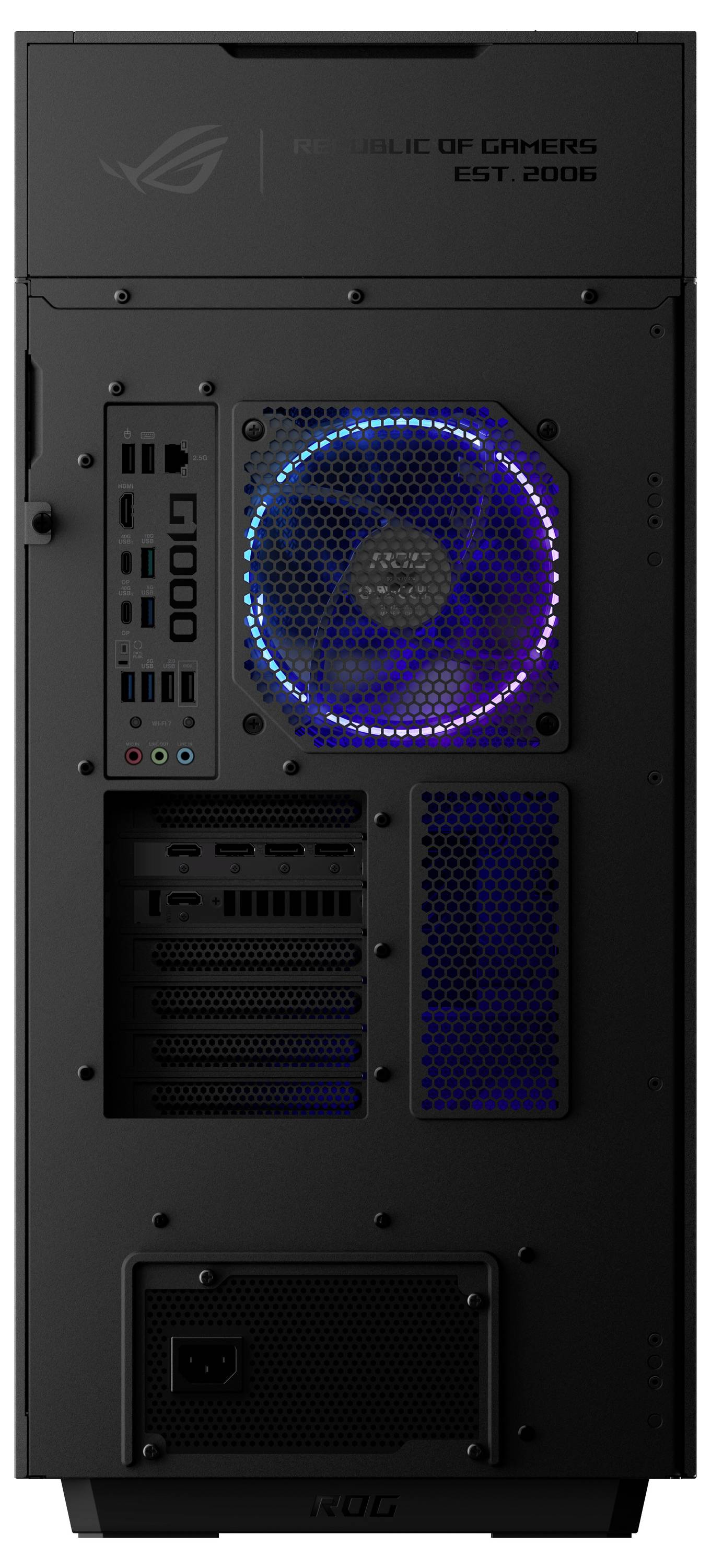 Pogled od zadaj črnega gaming namiznega računalnika s stolpcem, ki prikazuje svetleč modri notranji ventilator, zadnje I/O vhode, reže za razširitve in območje napajanja.