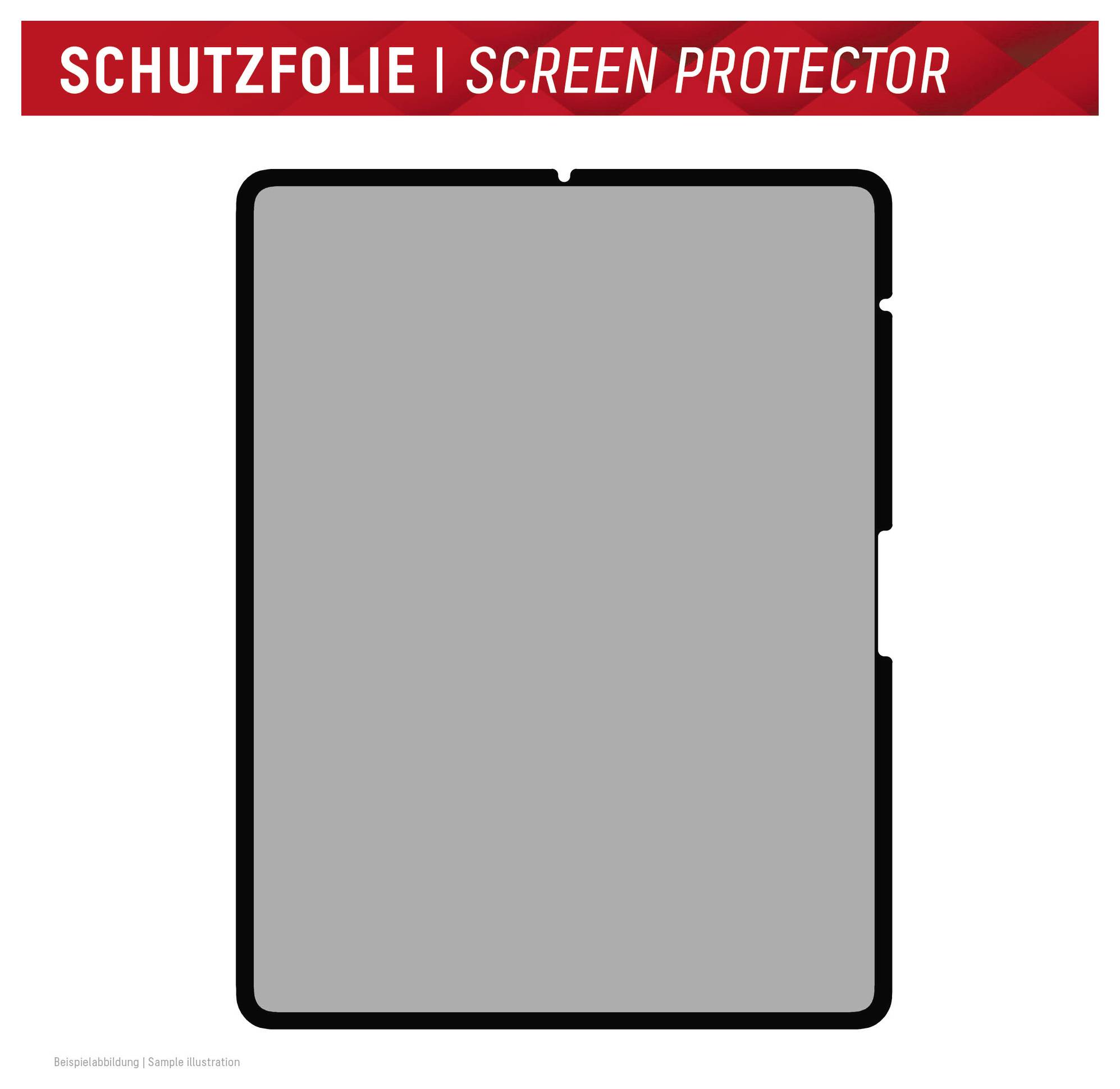Ilustracija zaščitne folije za tablico z nemščino in angličkim besedilom »SCHUTZFOLIE | SCREEN PROTECTOR« nad sivo silhueto tabličnega računalnika.