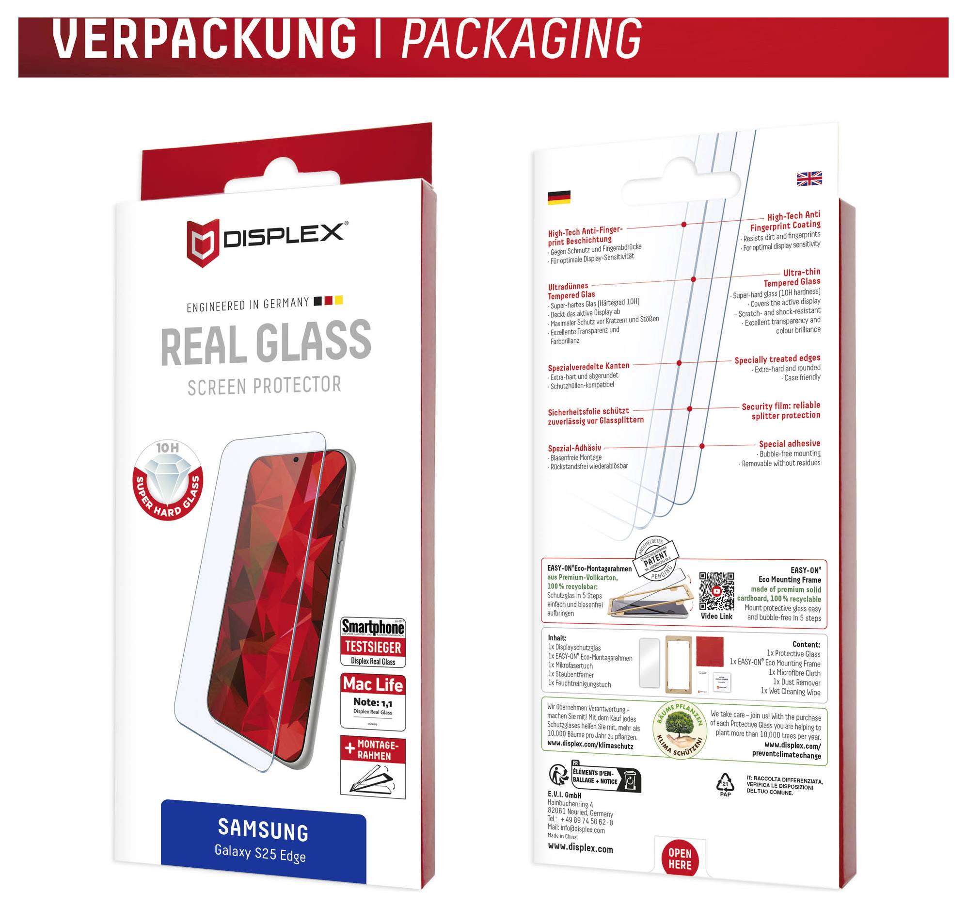 Paket slike zaščitnika zaslona Displex Real Glass za Samsung Galaxy S25 Edge, ki prikazuje sprednje in zadnje strane trgovinskega paketa s funkcijami izdelka in nalepkami.