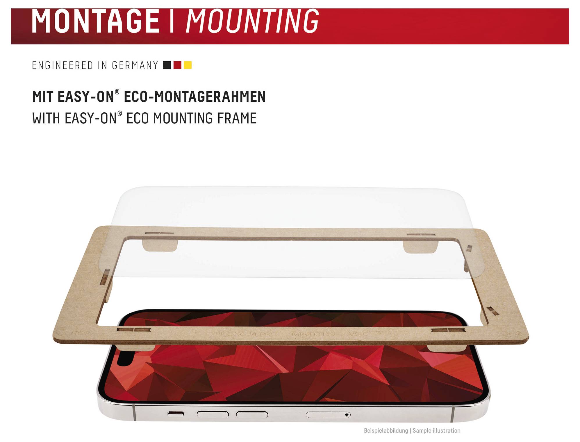 Razstavljen pogled pametnega telefona z enostavnim montažnim okvirjem Eco za namestitev zaščitnika zaslona, označen z »MONTAŽA | MOUNTING« in »MIT EASY-ON® ECO-MONTAGERAHMEN / WITH EASY-ON® ECO MOUNTING FRAME«.