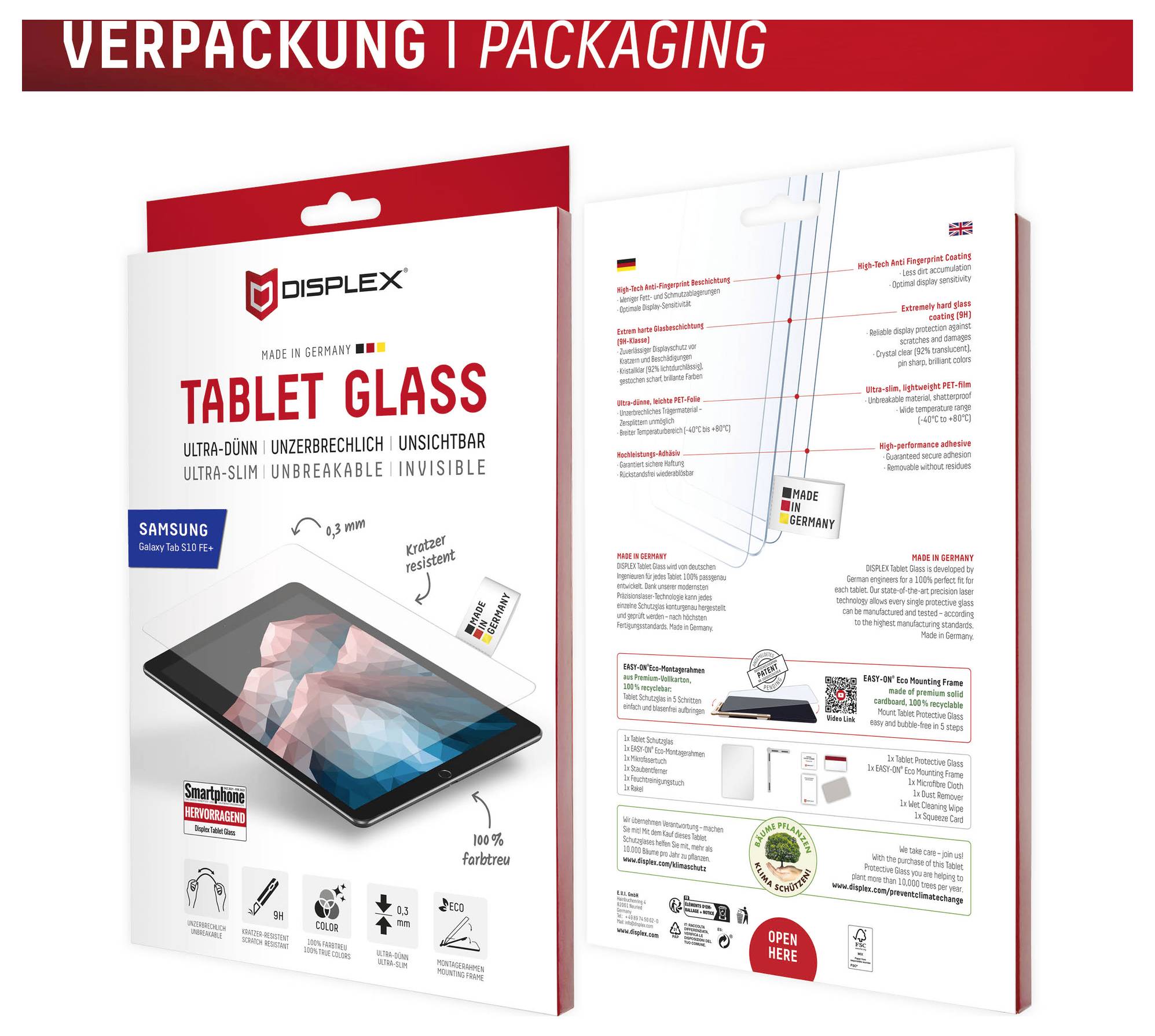 Displex Tablet Glass zaščitnik zaslona, embalaža izdelka, ki prikazuje sprednji in zadnji del škatle s funkcijami in podrobnostmi namestitve.