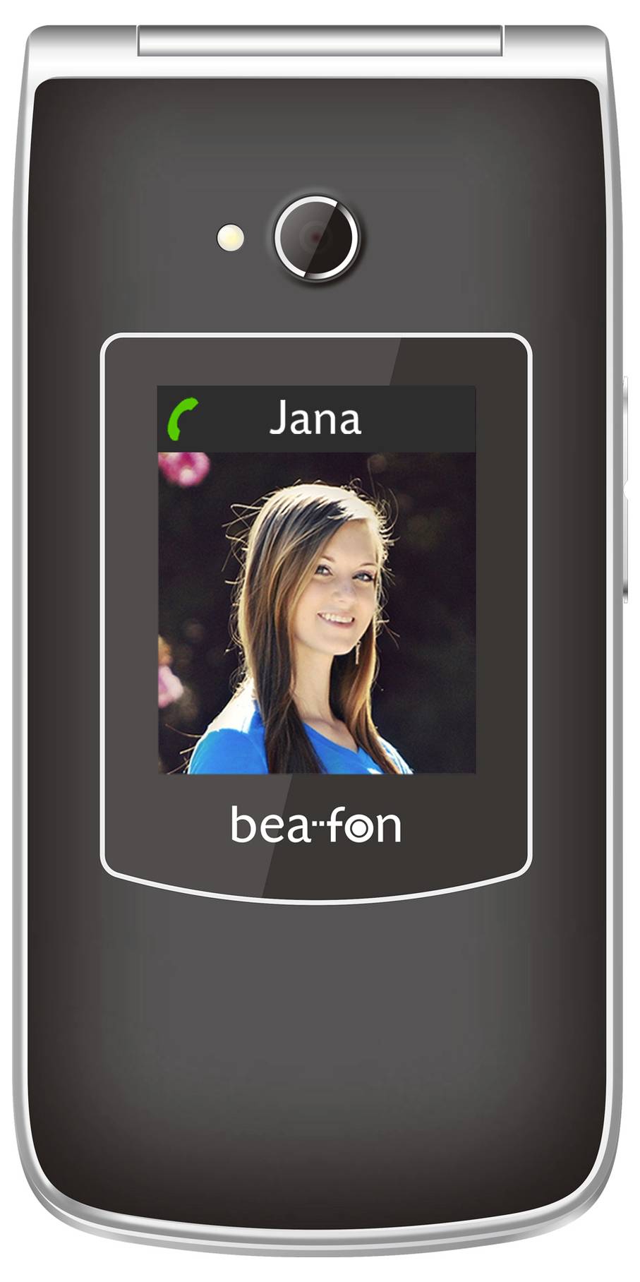 Preklapljivi telefon, ki prikazuje zaslonski kontakt za 'Jana' s fotografijo ženske in logotipom blagajavne 'bea-fon'.